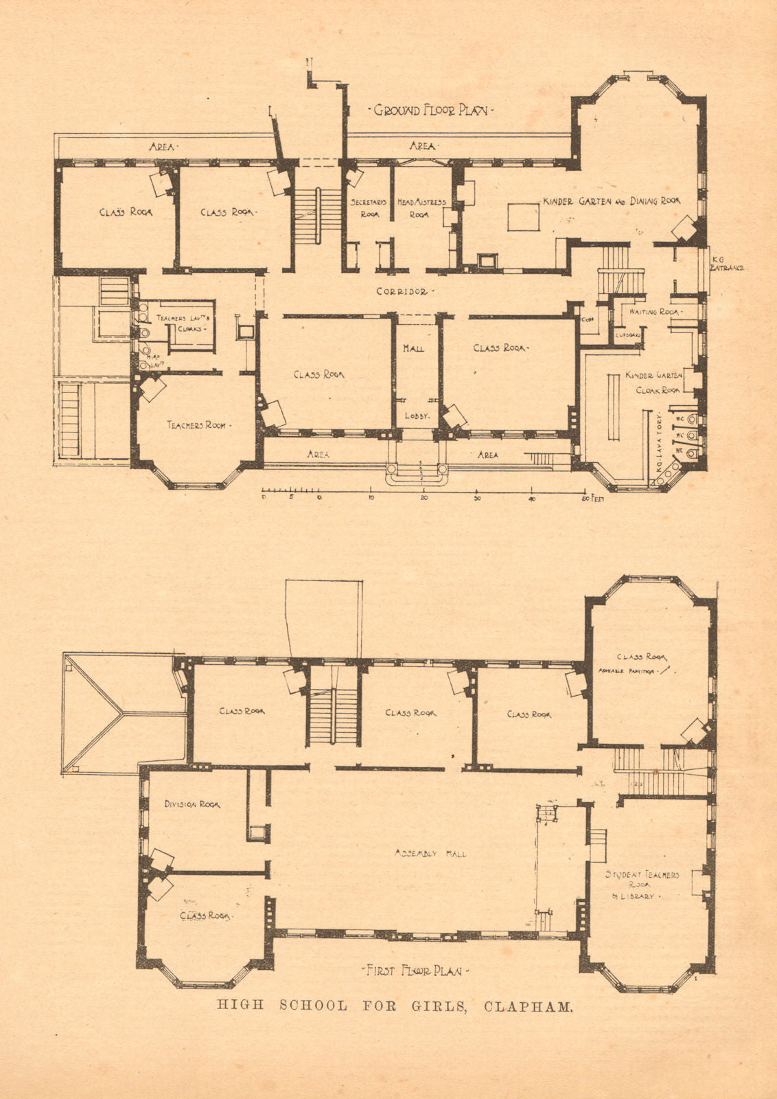 High School for girls, Clapham. Ground floor & first floor plan. London 1902